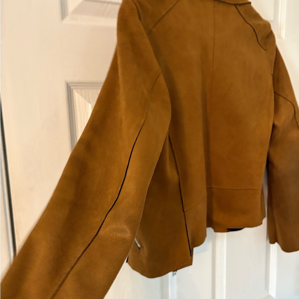 Faux Suede Moto Jacket US 2 Camel Cropped Biker Jacket Minimalist 90s - Picture 8 of 8